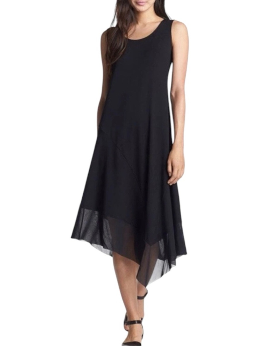 Eileen Fisher Midi Dress Small Black Scoop Neck Asymmetrical Sheer Hem Jersey